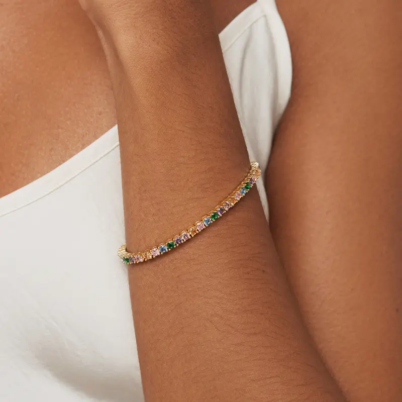 3mm Colorful Cubic Zirconia Tennis Bracelet  Bohemian Gold Plated For Women