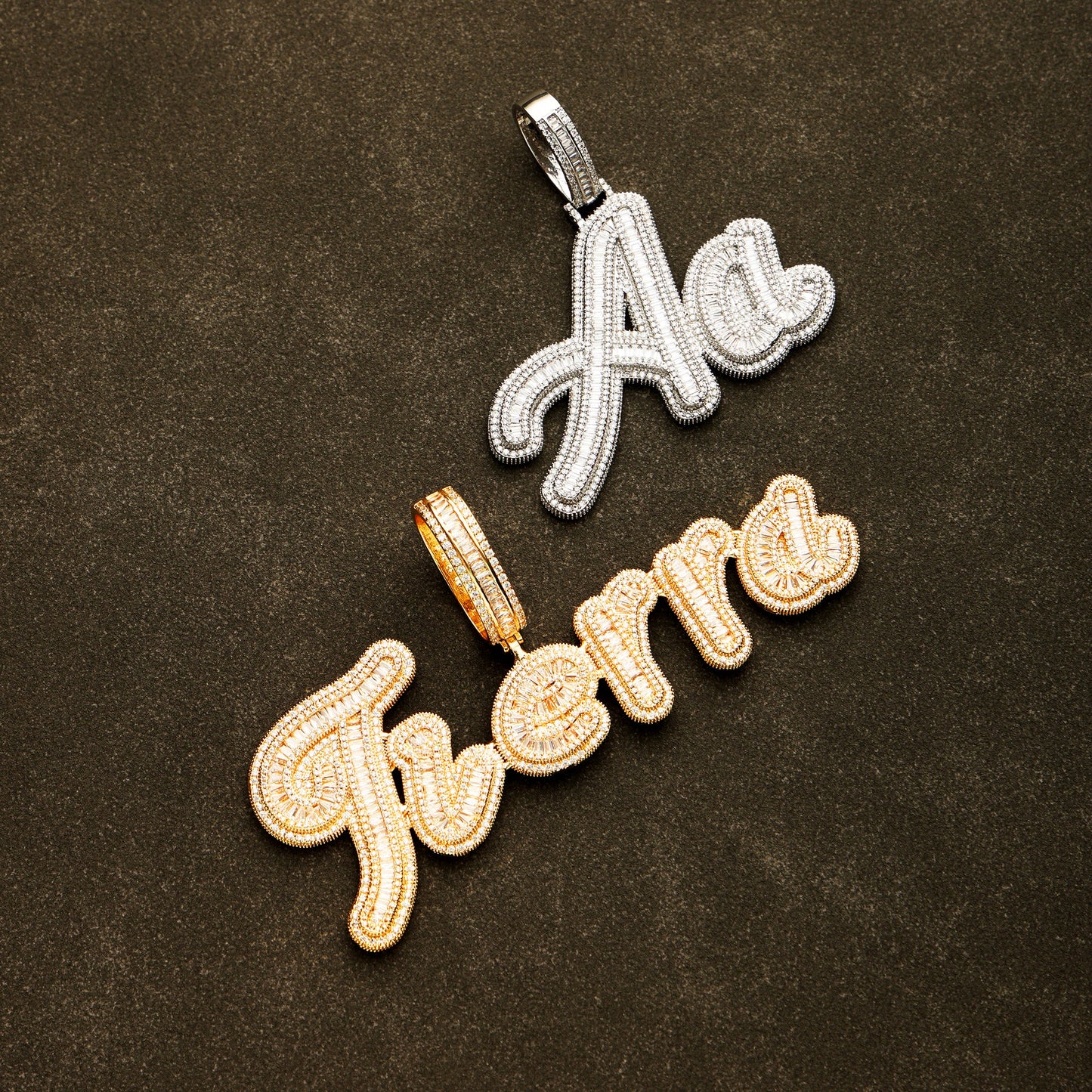 Custom Baguette Cursive Letter Name Pendant White Gold