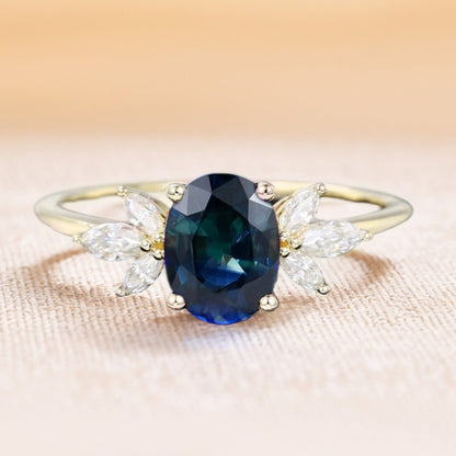 Oval Cut Green Blue Sapphire Engagement Ring