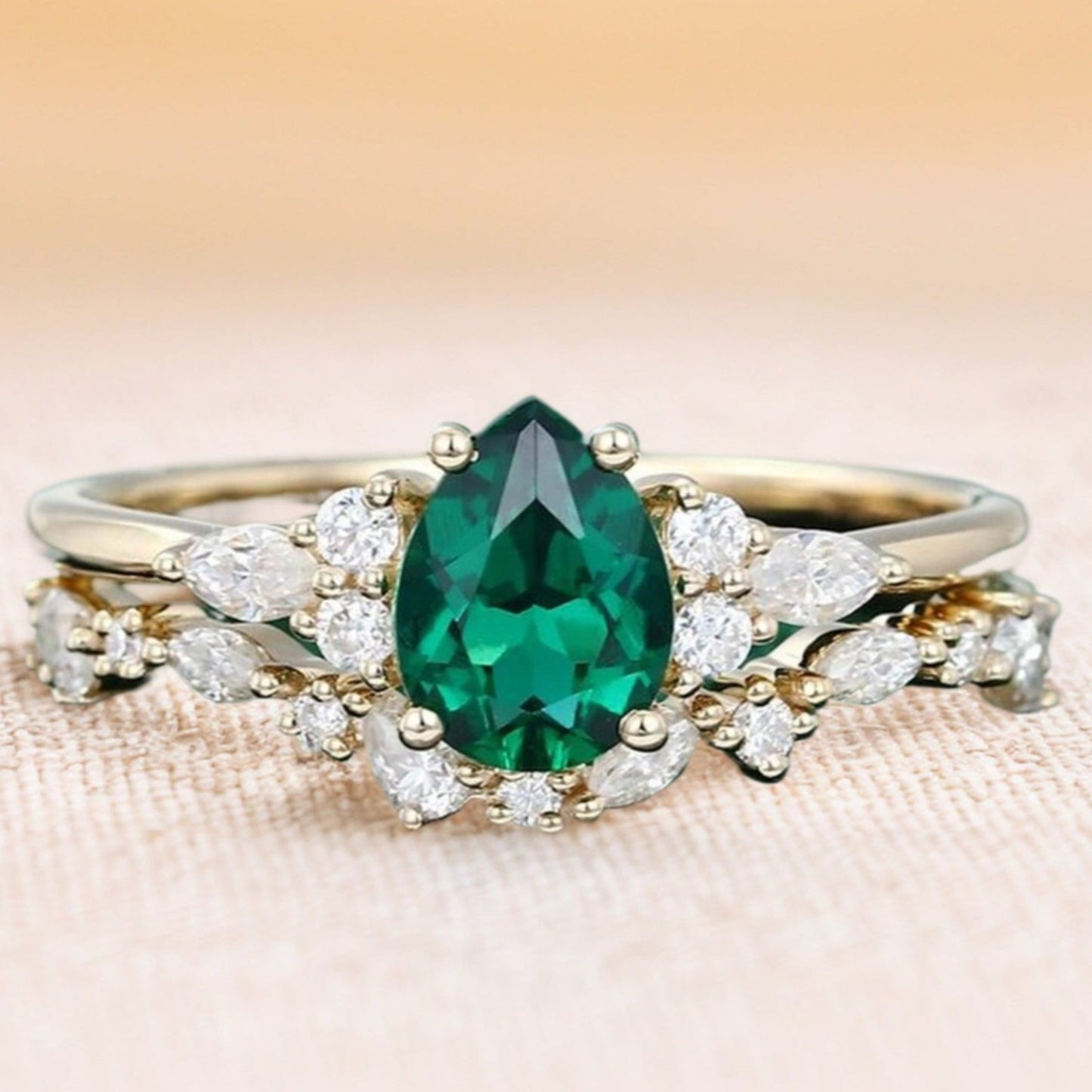 Pear Shaped Lab Emerald Engagement Ring Unique Bridal Wedding Set