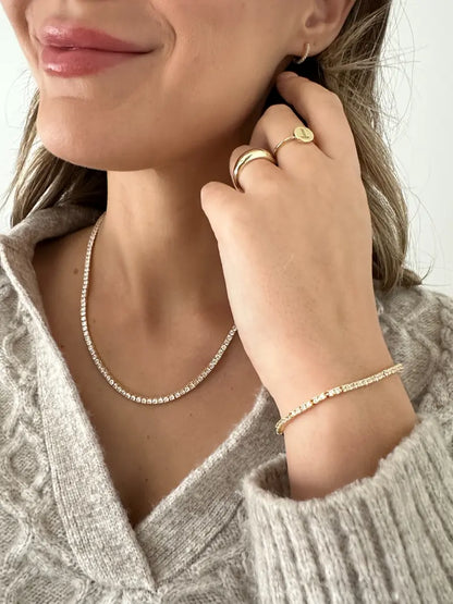 14K Gold Plated 3mm Simulated Diamond Tennis Necklace for Women, Chunky Cubic Zirconia Choker, Adjustable Sparkling Statement Jewelry