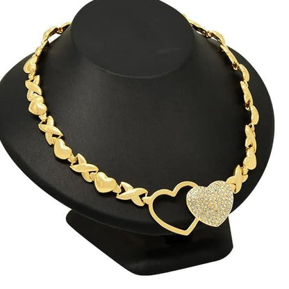 Hollow & Diamond-Paved Double Heart Pendant XO Chain Necklace