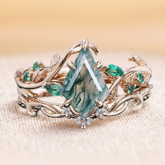 Kite Cut Moss Agate Bridal Ring Set Nature Inspired Leaf Ring Set