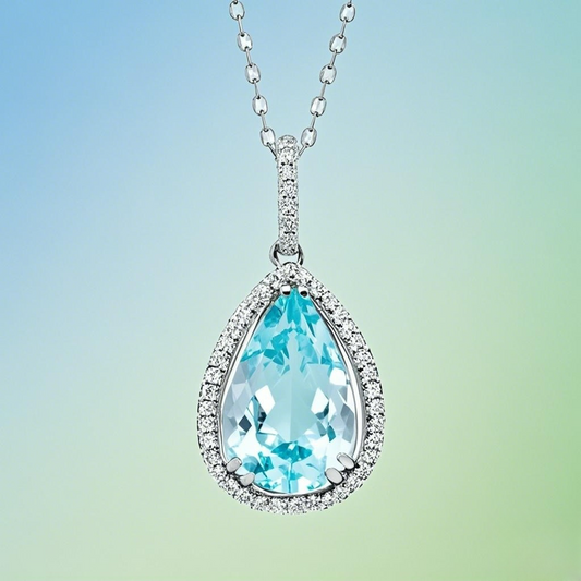 Topaz Halo Pendant Necklace 14x9mm