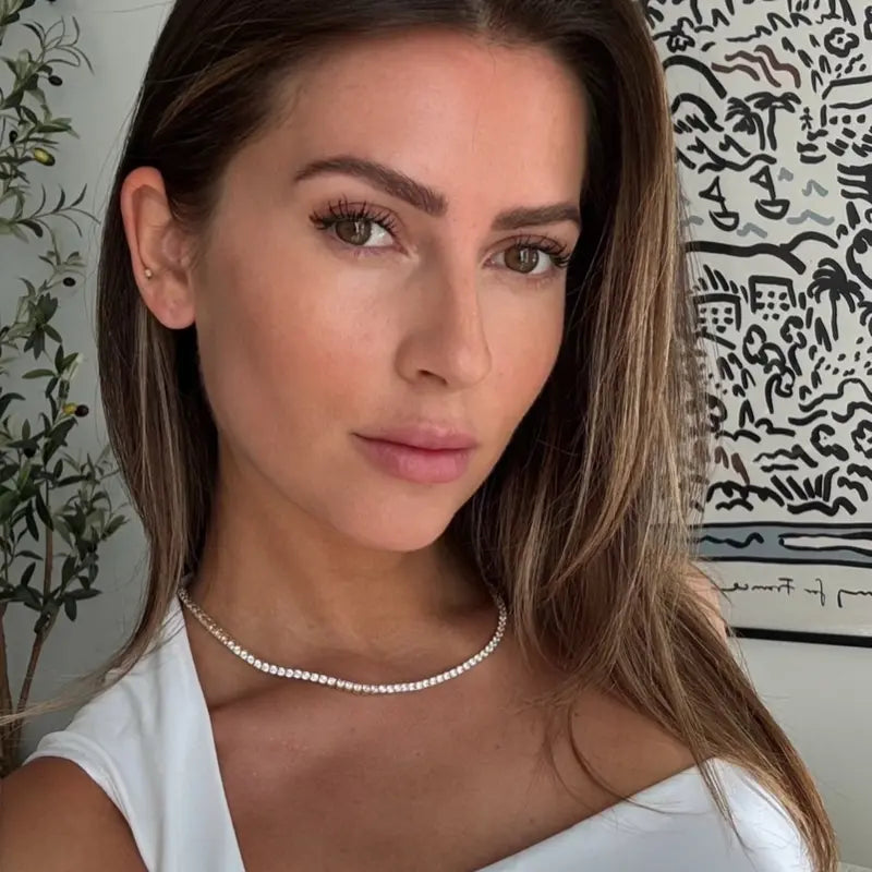 14K Gold Plated 3mm Simulated Diamond Tennis Necklace for Women, Chunky Cubic Zirconia Choker, Adjustable Sparkling Statement Jewelry