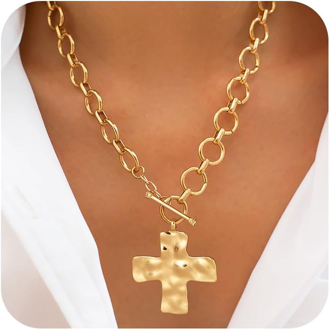 Chunky Paperclip Chain Necklace Heart Cross Pendant Cuban Layering Chain With Lock Clasp