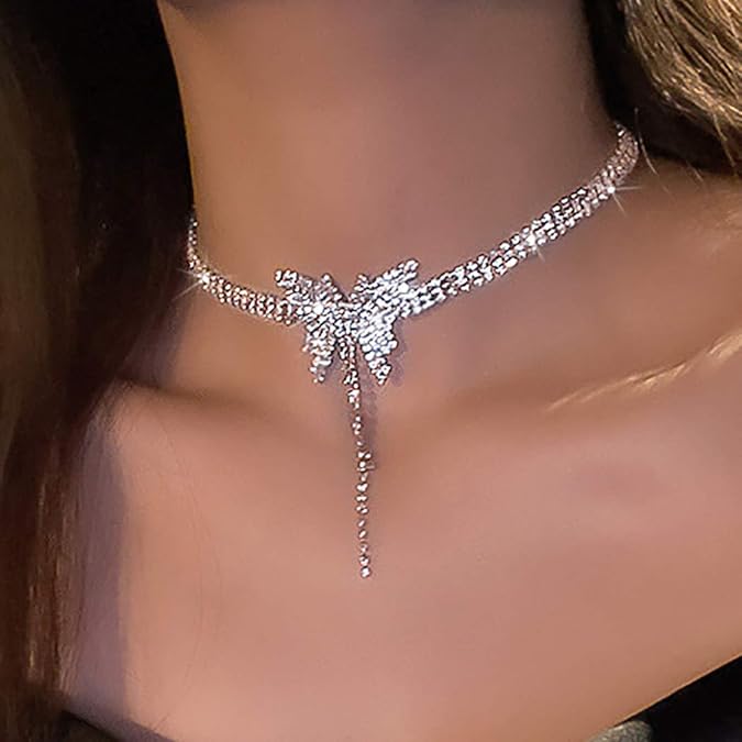 Silver Rhinestone Choker Necklace Dazzling Crystal Row Necklace Party & Evening Jewelry