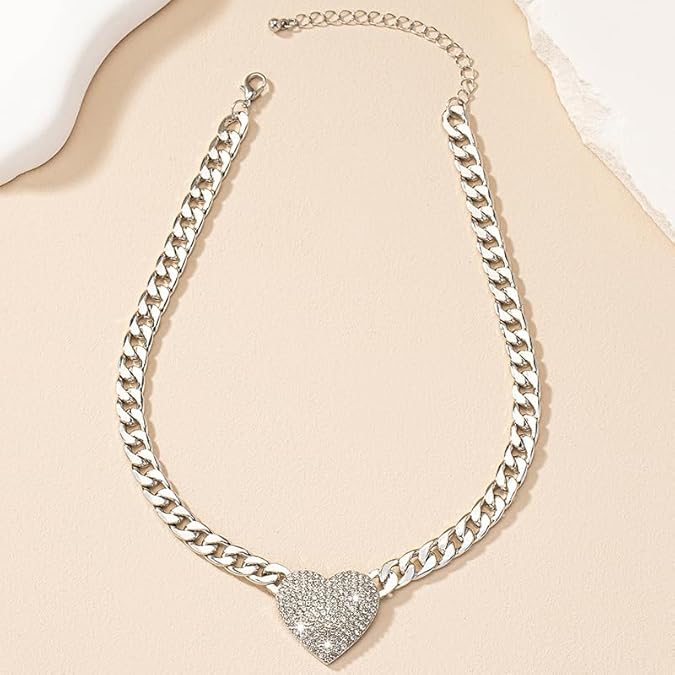 Cuban Link Heart Pendant Necklace Zirconia Studded Love, Silver/Gold Choice