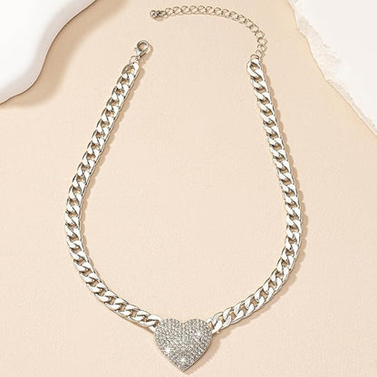 Cuban Link Heart Pendant Necklace Zirconia Studded Love, Silver/Gold Choice