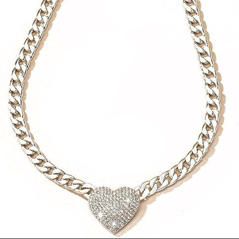 Cuban Link Heart Pendant Necklace Zirconia Studded Love, Silver/Gold Choice