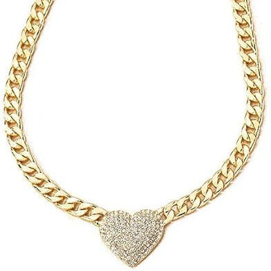 Cuban Link Heart Pendant Necklace Zirconia Studded Love, Silver/Gold Choice