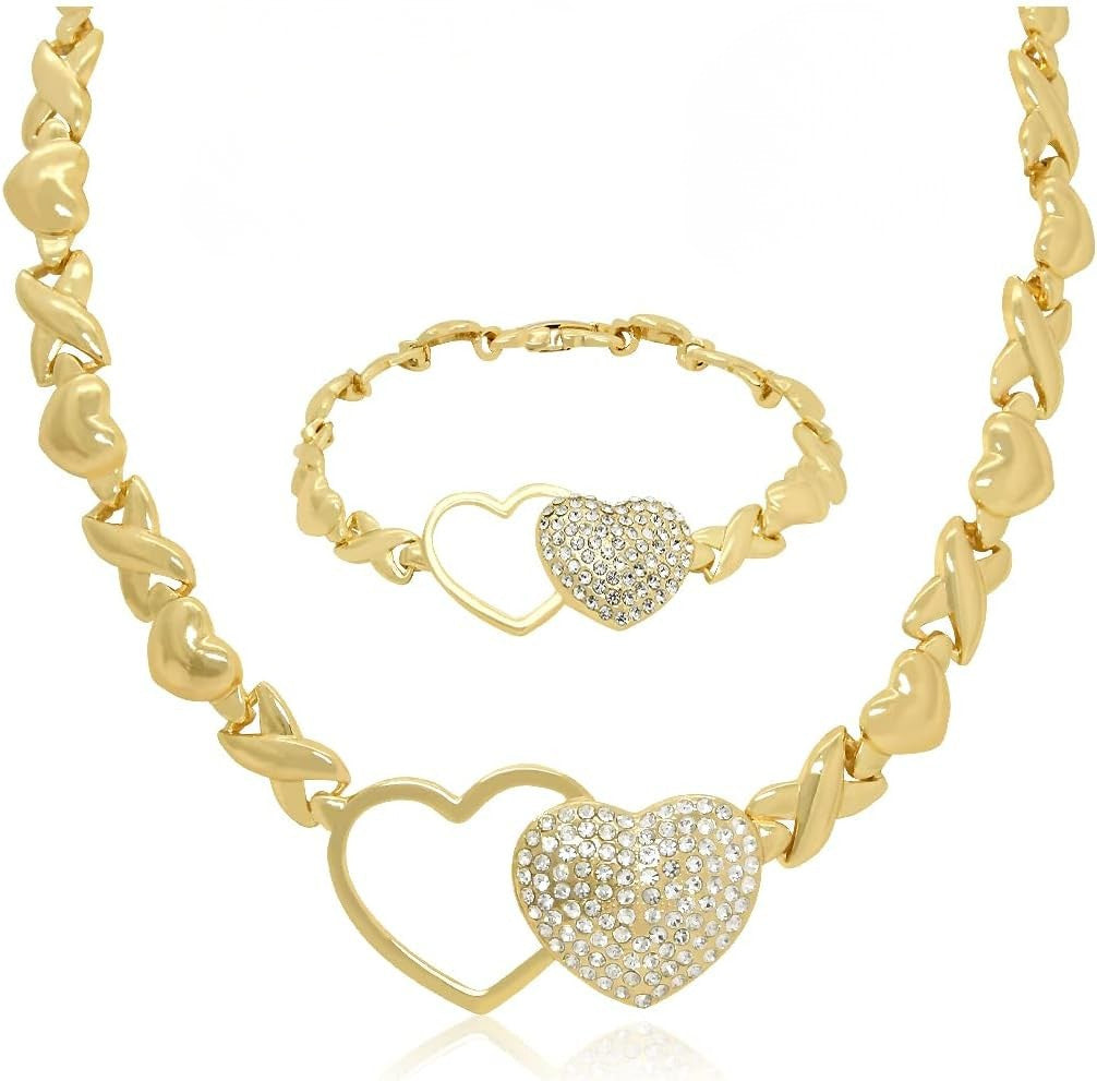 Hollow & Diamond-Paved Double Heart Pendant XO Chain Necklace