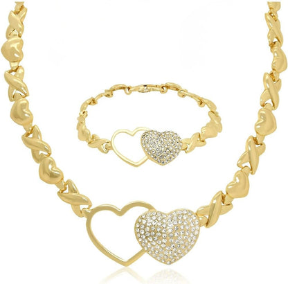 Hollow & Diamond-Paved Double Heart Pendant XO Chain Necklace