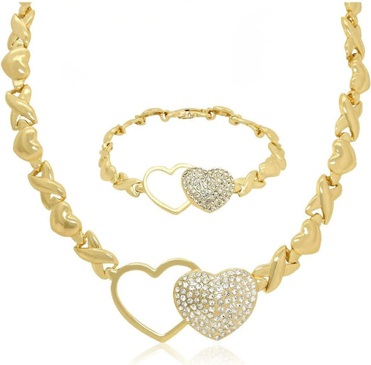 Hollow & Diamond-Paved Double Heart Pendant XO Chain Necklace