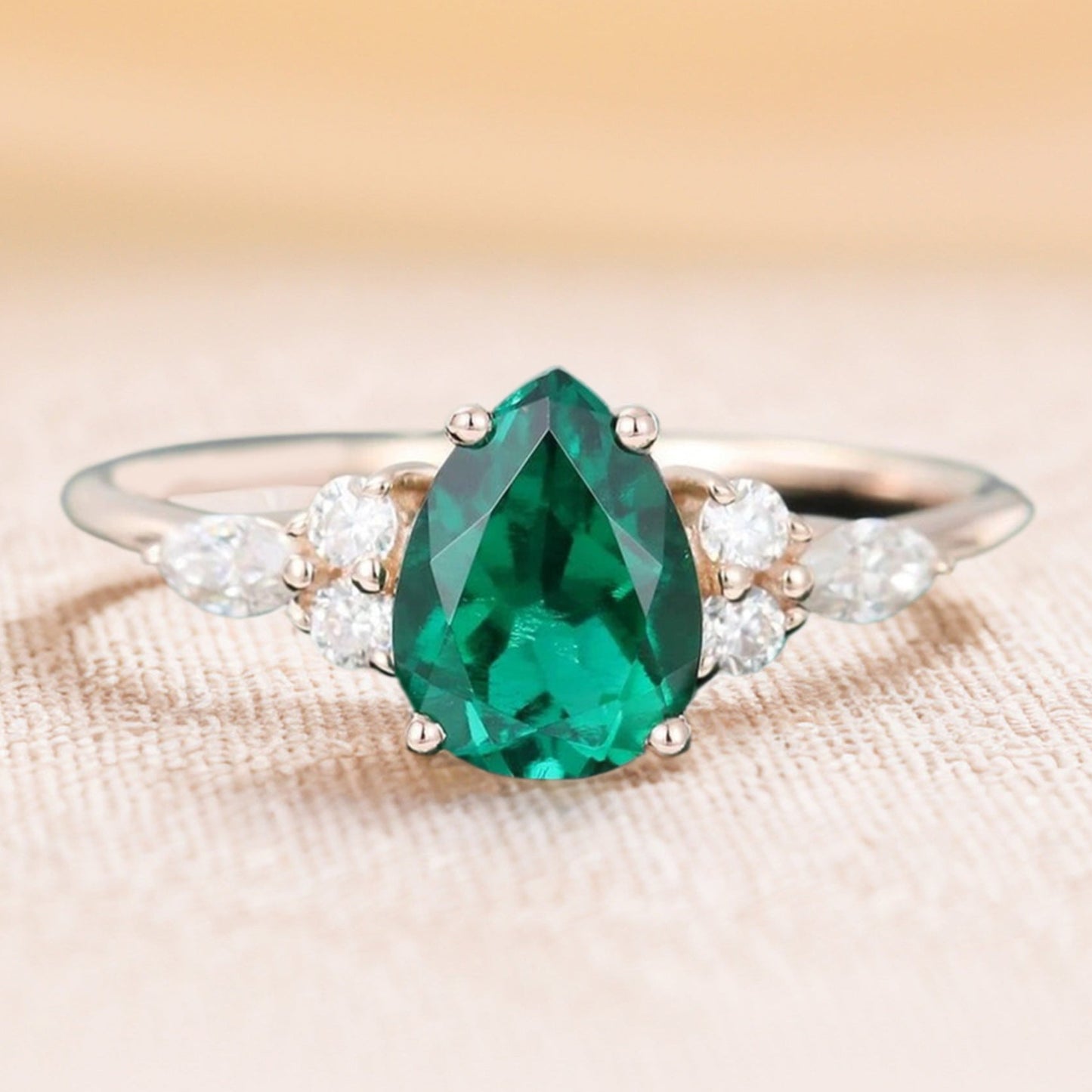 Pear Cut Emerald Engagement Ring Classic Side Stone Ring