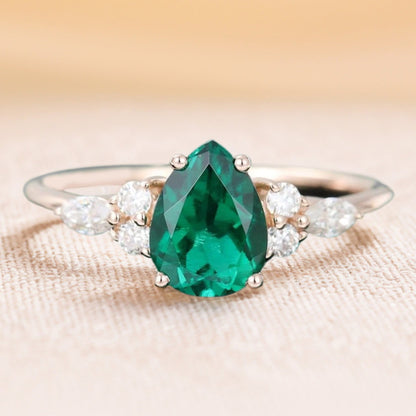 Pear Cut Emerald Engagement Ring Classic Side Stone Ring