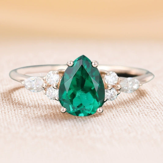 Pear Cut Emerald Engagement Ring Classic Side Stone Ring