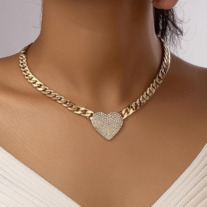 Cuban Link Heart Pendant Necklace Zirconia Studded Love, Silver/Gold Choice