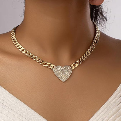 Cuban Link Heart Pendant Necklace Zirconia Studded Love, Silver/Gold Choice