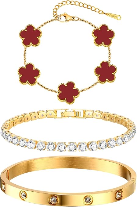 Golden Bloom Stacking Bracelet Set – 3-Piece Gold Plated Bangle & Tennis Chain