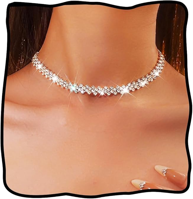 Silver Rhinestone Choker Necklace Dazzling Crystal Row Necklace Party & Evening Jewelry