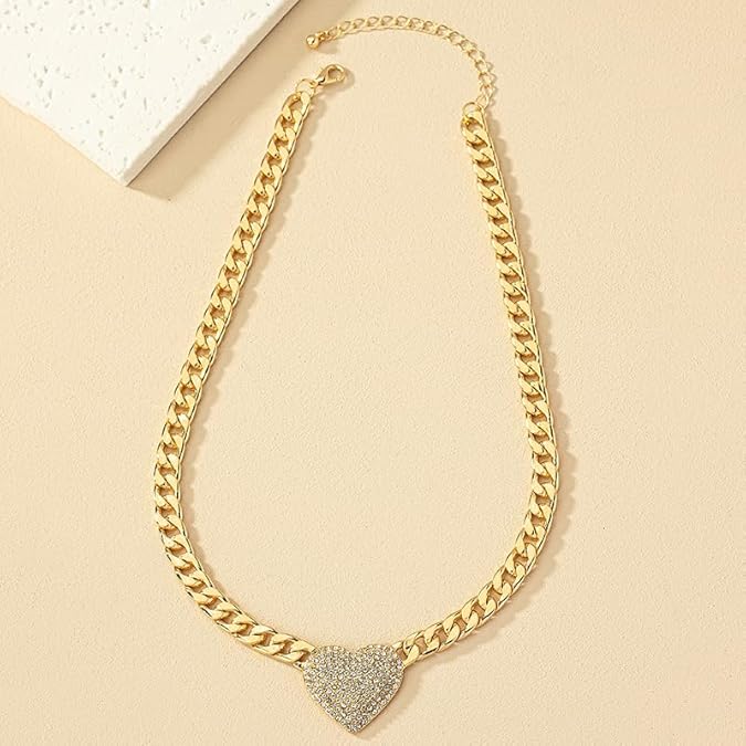 Cuban Link Heart Pendant Necklace Zirconia Studded Love, Silver/Gold Choice