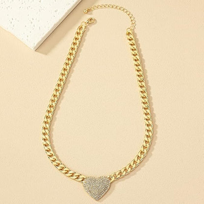 Cuban Link Heart Pendant Necklace Zirconia Studded Love, Silver/Gold Choice