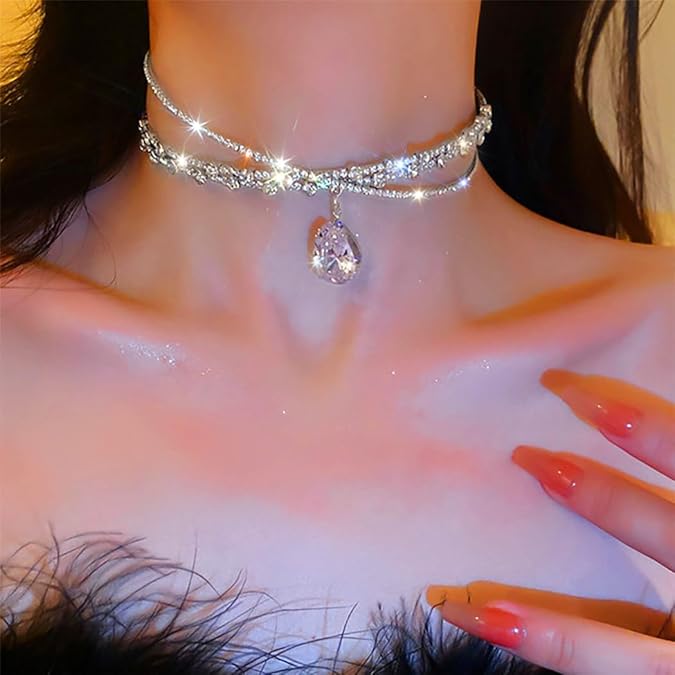 Silver Rhinestone Choker Necklace Dazzling Crystal Row Necklace Party & Evening Jewelry
