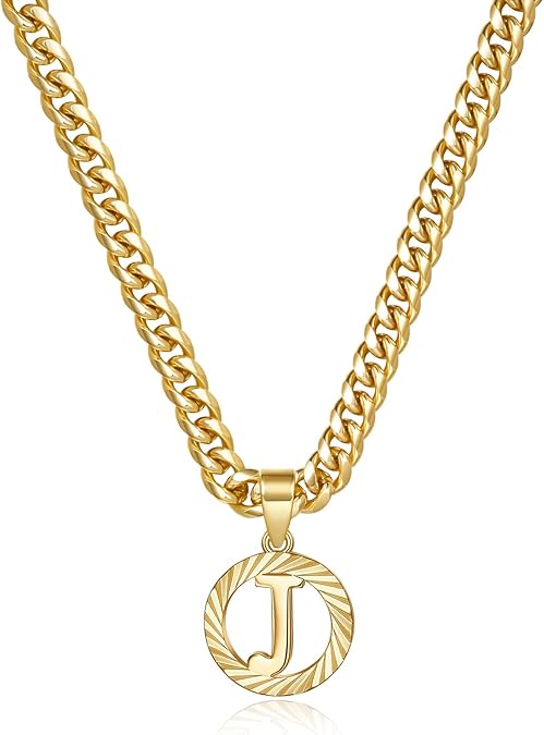 Gold Initial Letter Necklace: A-Z Hollow Initial Cuban Chain