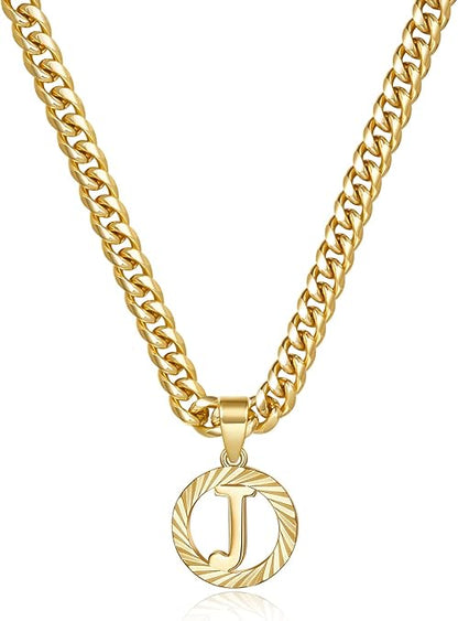 Gold Initial Letter Necklace: A-Z Hollow Initial Cuban Chain