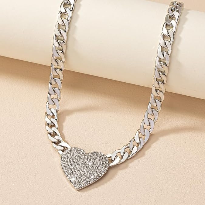 Cuban Link Heart Pendant Necklace Zirconia Studded Love, Silver/Gold Choice