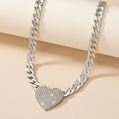 Cuban Link Heart Pendant Necklace Zirconia Studded Love, Silver/Gold Choice