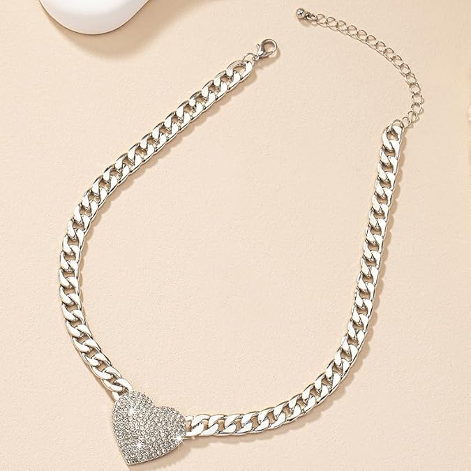 Cuban Link Heart Pendant Necklace Zirconia Studded Love, Silver/Gold Choice