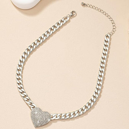 Cuban Link Heart Pendant Necklace Zirconia Studded Love, Silver/Gold Choice