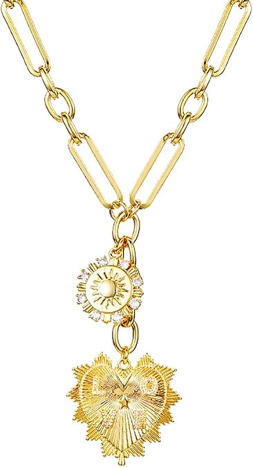 Hip-Hop Heart & Sun Cuban Necklace Gold Plated Zirconia Pendant Unisex Bold Love Gift
