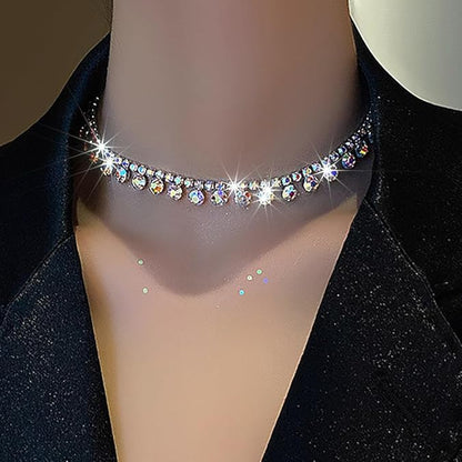 Silver Rhinestone Choker Necklace Dazzling Crystal Row Necklace Party & Evening Jewelry
