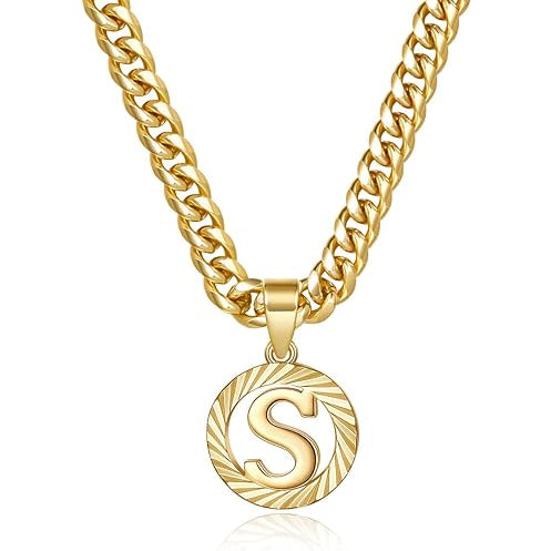 Gold Initial Letter Necklace: A-Z Hollow Initial Cuban Chain