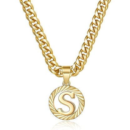 Gold Initial Letter Necklace: A-Z Hollow Initial Cuban Chain