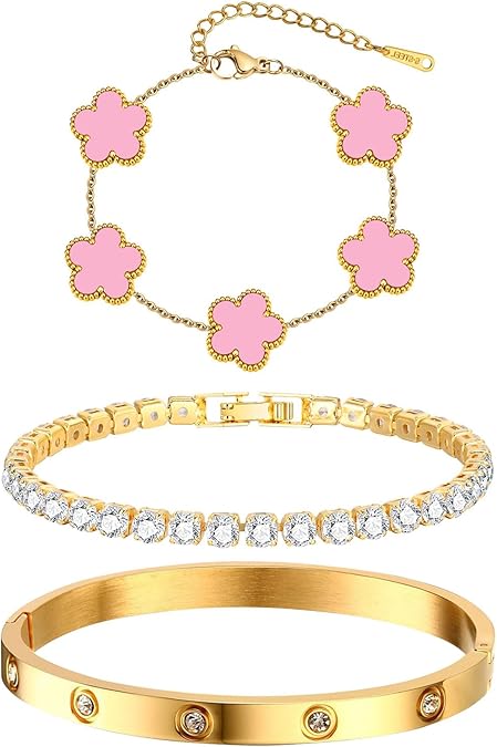 Golden Bloom Stacking Bracelet Set – 3-Piece Gold Plated Bangle & Tennis Chain