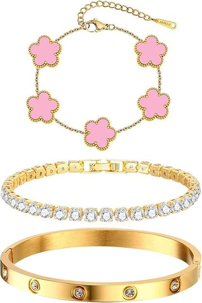 Golden Bloom Stacking Bracelet Set – 3-Piece Gold Plated Bangle & Tennis Chain