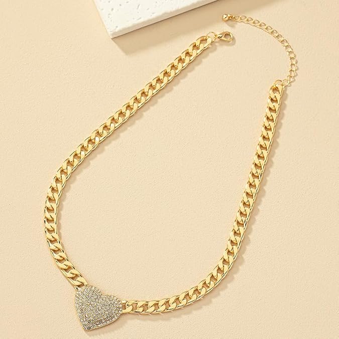 Cuban Link Heart Pendant Necklace Zirconia Studded Love, Silver/Gold Choice