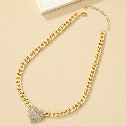 Cuban Link Heart Pendant Necklace Zirconia Studded Love, Silver/Gold Choice