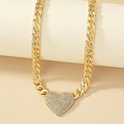 Cuban Link Heart Pendant Necklace Zirconia Studded Love, Silver/Gold Choice