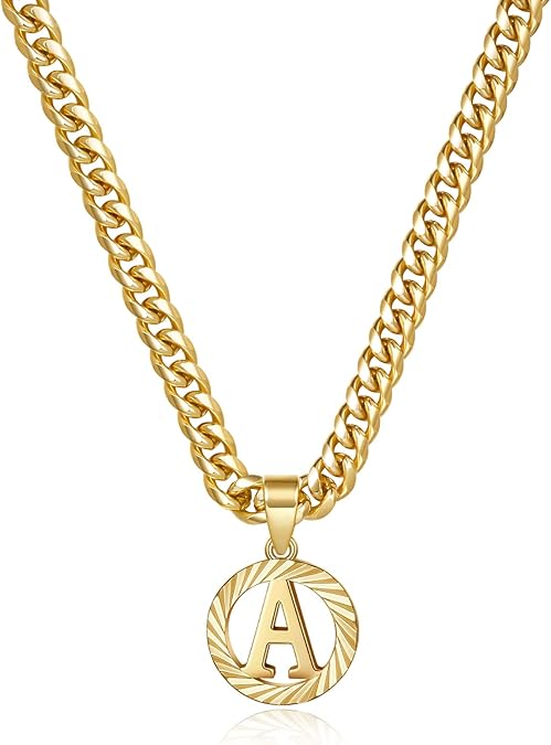 Gold Initial Letter Necklace: A-Z Hollow Initial Cuban Chain