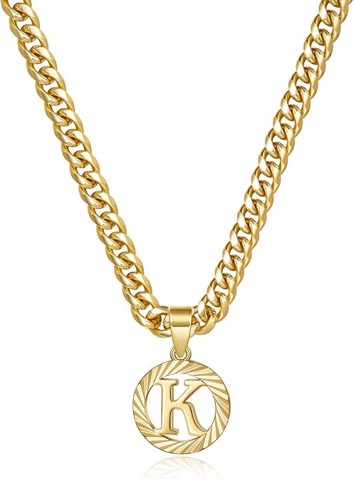 Gold Initial Letter Necklace: A-Z Hollow Initial Cuban Chain