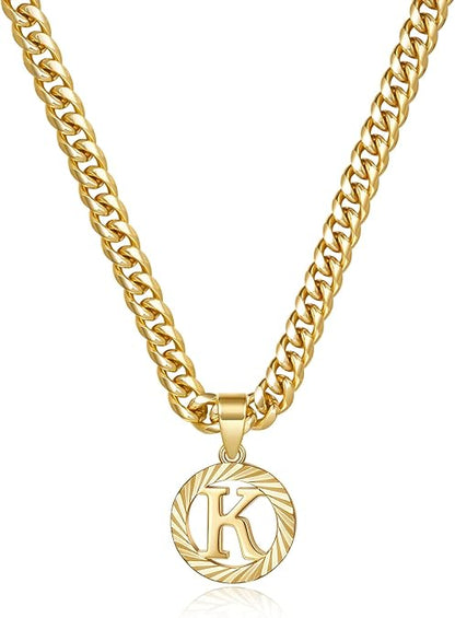 Gold Initial Letter Necklace: A-Z Hollow Initial Cuban Chain