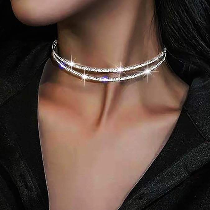 Silver Rhinestone Choker Necklace Dazzling Crystal Row Necklace Party & Evening Jewelry