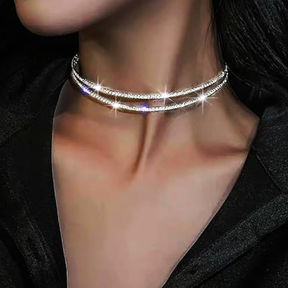 Silver Rhinestone Choker Necklace Dazzling Crystal Row Necklace Party & Evening Jewelry