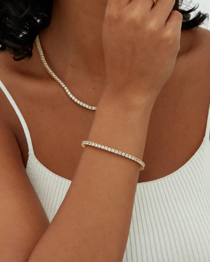 14K Gold Plated 3mm Simulated Diamond Tennis Bracelet for Women, Chunky Cubic Zirconia Bracelet, Adjustable Sparkling Statement Jewelry