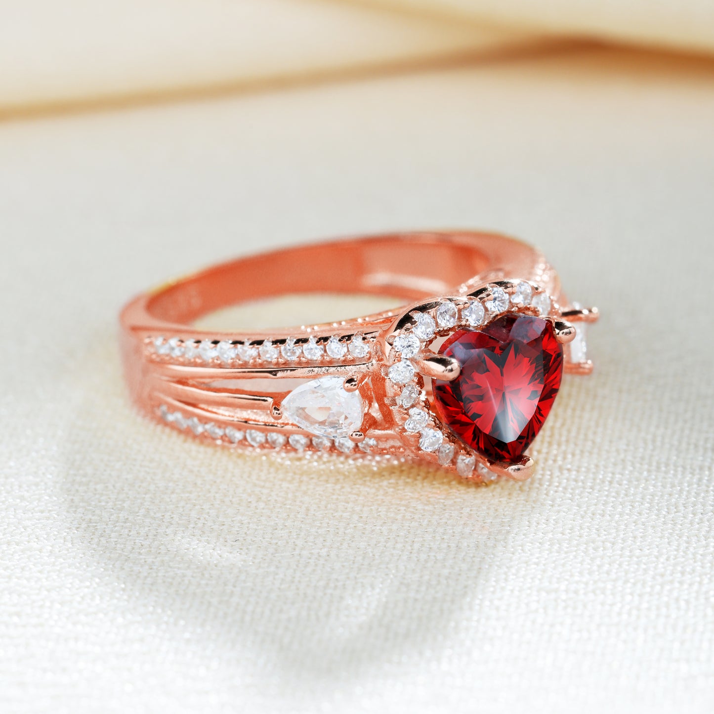 Three Stone Halo Heart Cut Sterling Silver Ring